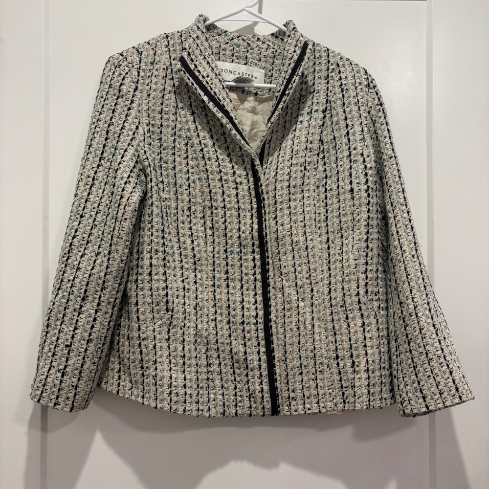 Doncaster Silk Blend Tweed Jacket Teal Black Cream Textured Snap Front Blazer